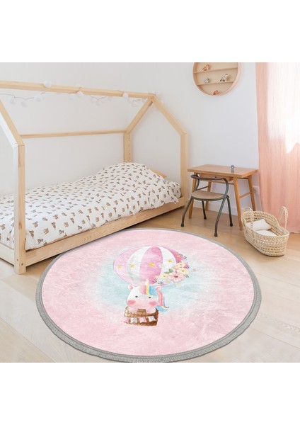 Uçan Balon ve Unicorn Desenli Çocuk & Genç Odası Makinede Yıkanabilir Kaymaz Tabanlı Püsküllü Yuvarlak Çocuk Halısı
