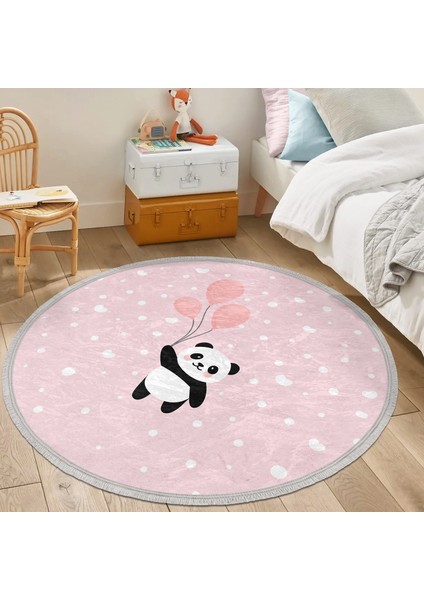 Pembe Zemin Uçan Balonlar ve Sevimli Panda Desenli Çocuk & Genç Odası Makinede Yıkanabilir Kaymaz Tabanlı Püsküllü Yuvarlak Çocuk Halısı