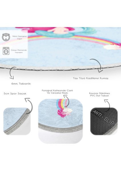 Mavi Zeminde Denizkızı Desenli Çocuk & Genç Odası Makinede Yıkanabilir Kaymaz Tabanlı Püsküllü Yuvarlak Çocuk Halısı