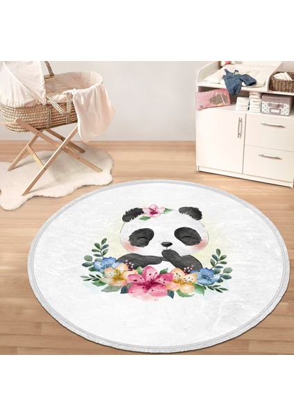 Sevimli Bebek Panda Çocuk & Genç Odası Makinede Yıkanabilir Kaymaz Tabanlı Püsküllü Yuvarlak Çocuk Halısı