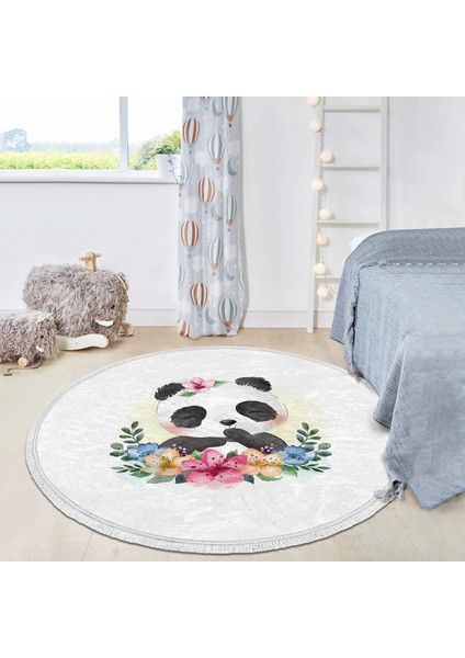 Sevimli Bebek Panda Çocuk & Genç Odası Makinede Yıkanabilir Kaymaz Tabanlı Püsküllü Yuvarlak Çocuk Halısı indirimleri