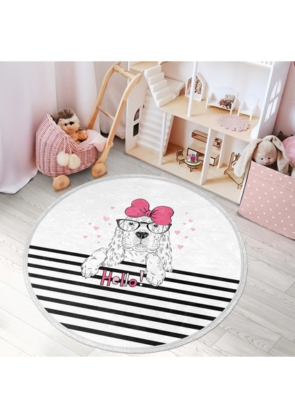 Zebra Desenli Çocuk & Genç Odası Makinede Yıkanabilir Kaymaz Tabanlı Püsküllü Yuvarlak Çocuk Halısı