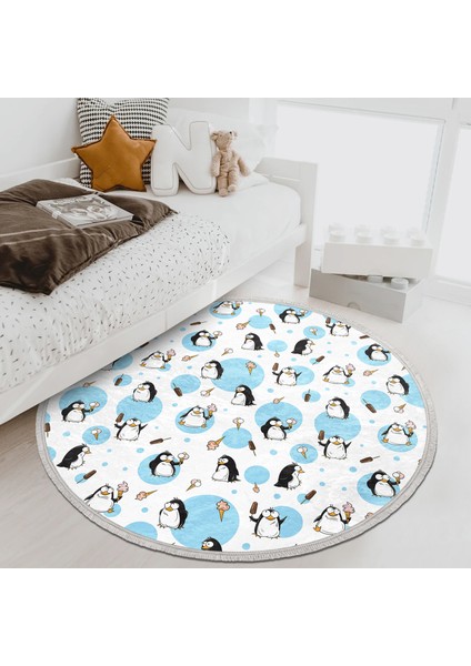 Dondurma Yiyen Penguen Motifli Çocuk & Genç Odası Makinede Yıkanabilir Kaymaz Tabanlı Püsküllü Yuvarlak Çocuk Halısı modelleri