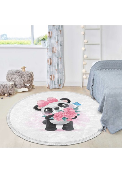 Sevimli Yavru Panda Çocuk & Genç Odası Makinede Yıkanabilir Kaymaz Tabanlı Püsküllü Yuvarlak Çocuk Halısı