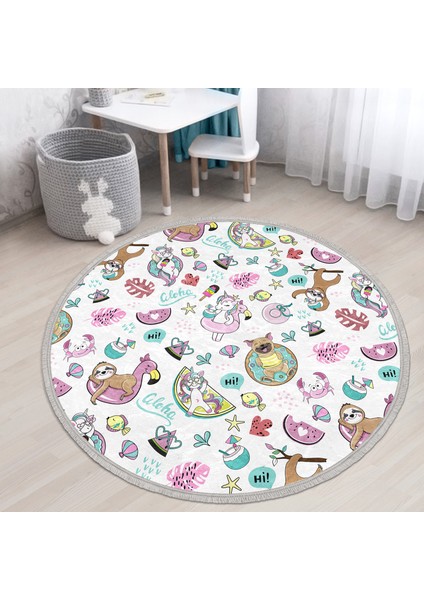 Yaz ve Tatil Temalı Bebek Desenli Çocuk & Genç Odası Makinede Yıkanabilir Kaymaz Tabanlı Püsküllü Yuvarlak Çocuk Halısı modelleri