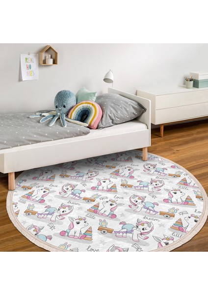 Sevimli Unicorn Motifli Çocuk & Genç Odası Makinede Yıkanabilir Kaymaz Tabanlı Püsküllü Yuvarlak Çocuk Halısı