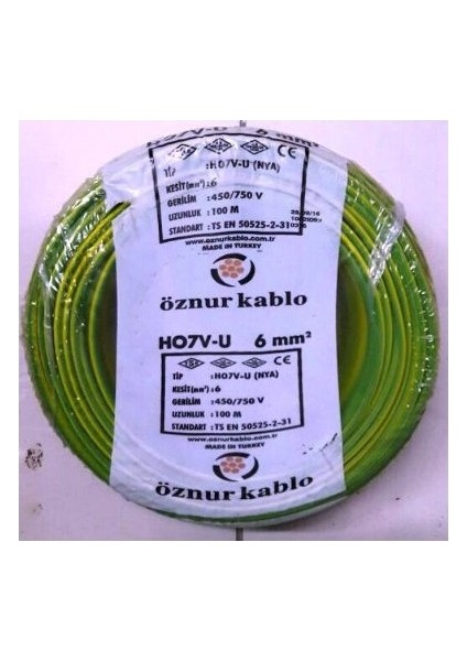 6 mm Nya Kablo Tek Damar Sarıyeşil 100 Metre