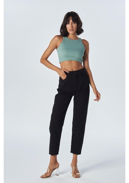 Ariana Siyah Yüksek Bel Fermuarlı Mom Fit Jean Pantolon C 4525-116