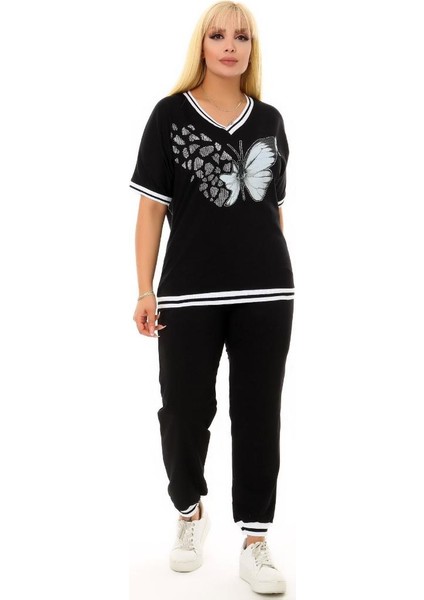 V Yaka Önü Yaprak Desen Taş Işlemeli Kısa Kol Cepli Bel Lastikli ve Bağçıklı Rahat Eşofman Takım