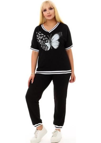 V Yaka Önü Yaprak Desen Taş Işlemeli Kısa Kol Cepli Bel Lastikli ve Bağçıklı Rahat Eşofman Takım modelleri