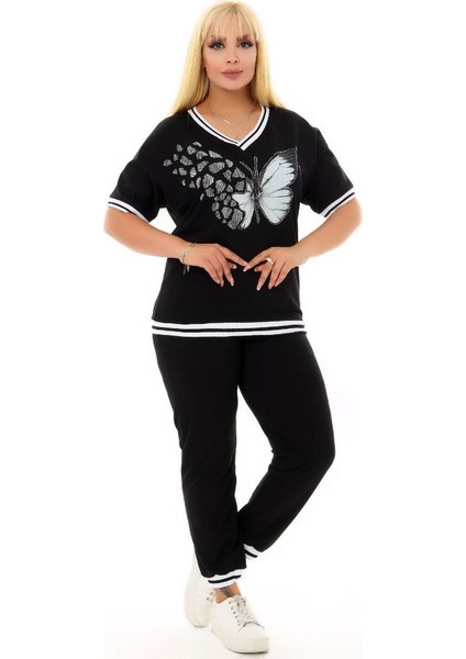 V Yaka Önü Yaprak Desen Taş Işlemeli Kısa Kol Cepli Bel Lastikli ve Bağçıklı Rahat Eşofman Takım fırsatları