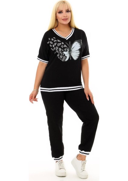 V Yaka Önü Yaprak Desen Taş Işlemeli Kısa Kol Cepli Bel Lastikli ve Bağçıklı Rahat Eşofman Takım indirimleri