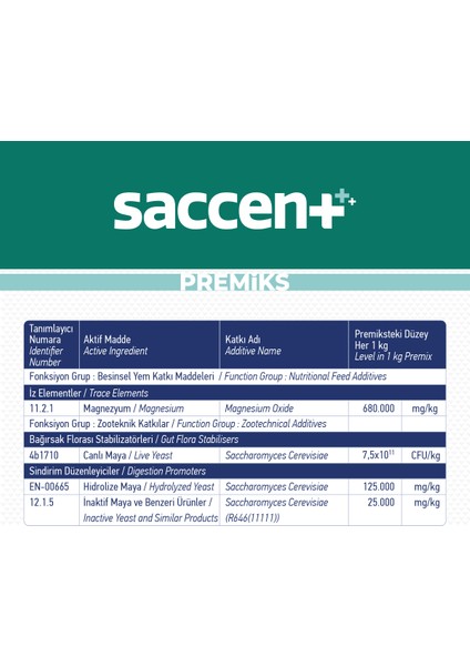 Saccent 20 Kg - Doğru Sindirim Için; Etkili Performans - Canlı Maya, İnek, Boğa, Koyun, Keçi, Premiks, Yem Katkı,