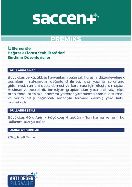 Saccent 20 Kg - Doğru Sindirim Için; Etkili Performans - Canlı Maya, İnek, Boğa, Koyun, Keçi, Premiks, Yem Katkı,