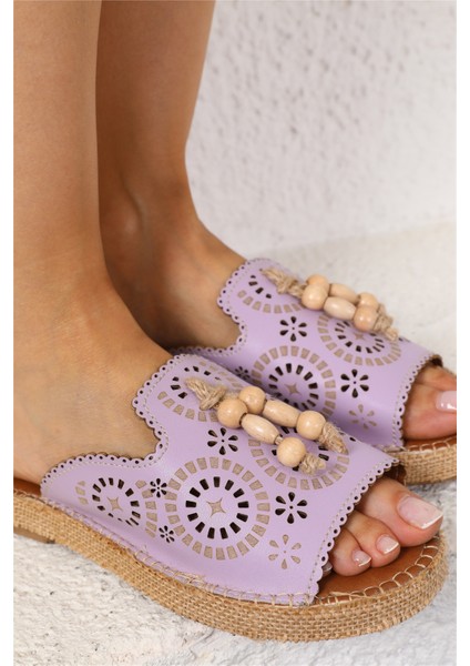 Shoes Kadın Lila Tabanı Hasır Detaylı Rahat Terlik fırsatları