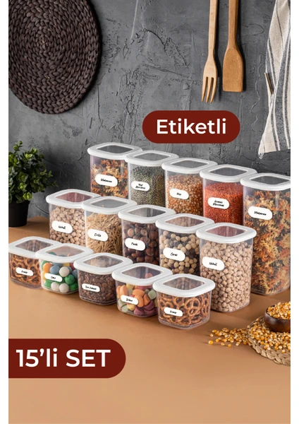 Etiketli Foly Kare Erzak Saklama Kabı 15'li Set 5x(0,55 Litre, 1,2 Litre, 1,75 Litre) Beyaz