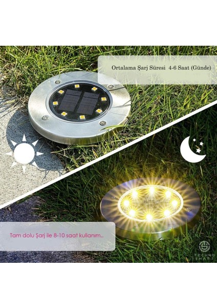 Solar Güneş Enerjili 8 Ledli Kazıklı Çim Zemin Bahçe Aydınlatma 3 W Gün Işığı Sarı LED ( 4 Lü Set )