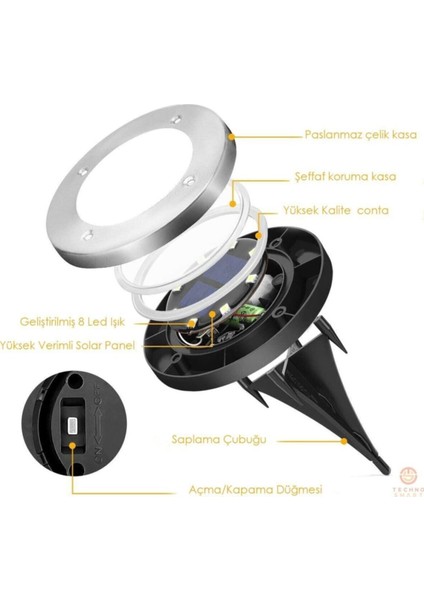 Solar Güneş Enerjili 8 Ledli Kazıklı Çim Zemin Bahçe Aydınlatma 3 W Gün Işığı Sarı Led ( 4'Lü Set ) fiyatları
