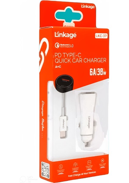 38W/6A Araç Çakmaklık Hızlı Şarj Aleti Type-C ve USB Girişli Type-C To Type-C Kablo