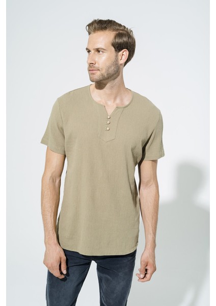 Organik 3 Düğme Kısakol Haki Gömlek S27057 modelleri