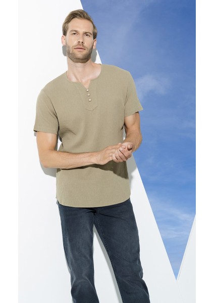 Organik 3 Düğme Kısakol Haki Gömlek S27057 fırsatları