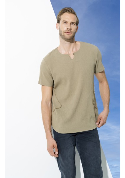 Organik Tek Düğme Kısakol Haki Gömlek S27062