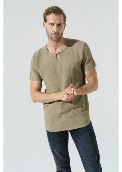 Organik Tek Düğme Kısakol Haki Gömlek S27062 fırsatları