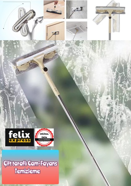 Paslanmaz Çelik Uzun Saplı Temizleme Fırçası Pencere Temizleyici Cam Fayans Silecek Teleskopik