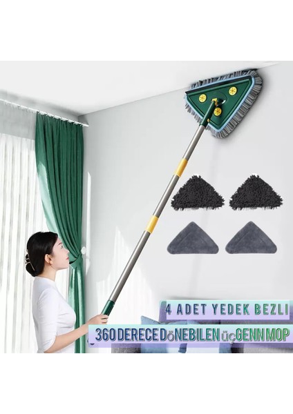 4 Bezli Üçgen Mop Cam Parke Fayans Temizleme , Mikrofiber Teleskopik Sap