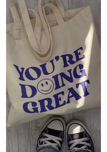 You're Doing Great Baskılı Ham Bez Çanta
