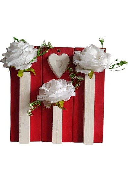 Ahşap Kırmızı Beyaz Kalpli Duvar Çiçekliği Beyaz Gül Yapay Çiçek 25*25 cm fiyatları