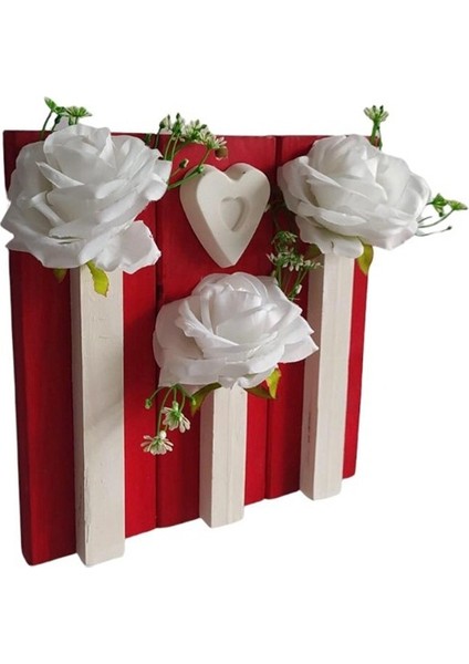Ahşap Kırmızı Beyaz Kalpli Duvar Çiçekliği Beyaz Gül Yapay Çiçek 25*25 cm modelleri