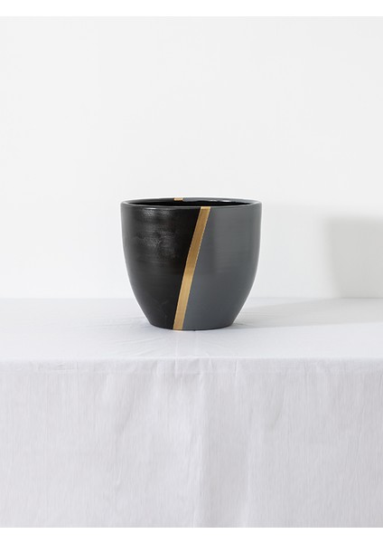 Modern El Yapımı Özel Tasarım Ortası Yaldızlı Seramik Saksı 33X33X29 cm