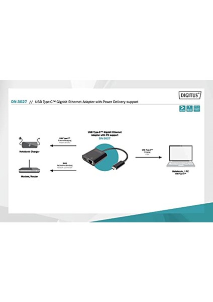 Dıgıtus DN-3027 USB Type-C Gigabit Ethernet Adaptörü Power Delivery Destekli