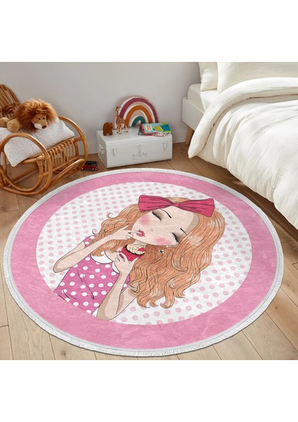 Fashion Girl Çocuk & Genç Odası Makinede Yıkanabilir Kaymaz Tabanlı Püsküllü Yuvarlak Çocuk Halısı