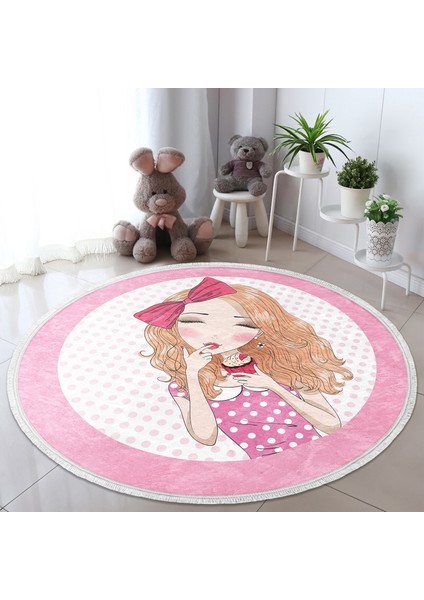 Fashion Girl Çocuk & Genç Odası Makinede Yıkanabilir Kaymaz Tabanlı Püsküllü Yuvarlak Çocuk Halısı fiyatları