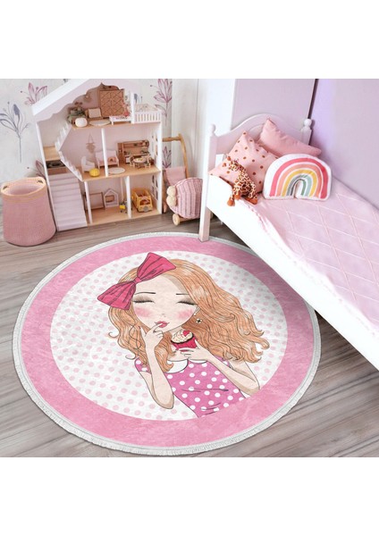 Fashion Girl Çocuk & Genç Odası Makinede Yıkanabilir Kaymaz Tabanlı Püsküllü Yuvarlak Çocuk Halısı modelleri