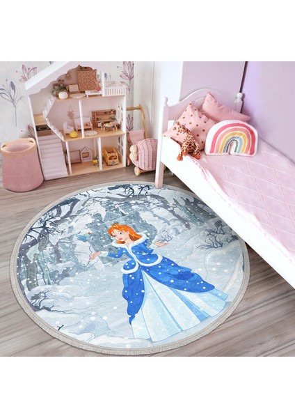 Cinderella Prenses Çocuk & Genç Odası Makinede Yıkanabilir Kaymaz Tabanlı Püsküllü Yuvarlak Çocuk Halısı