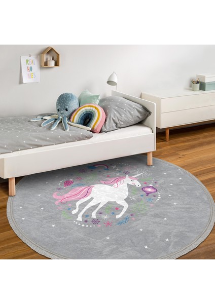 Gri Zeminde Unicorn Sevimli At Çocuk & Genç Odası Makinede Yıkanabilir Kaymaz Tabanlı Püsküllü Yuvarlak Çocuk Halısı
