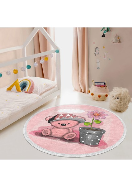Çiçek Saksısı ve Sevimli Ayıcık Desenli Çocuk & Genç Odası Makinede Yıkanabilir Kaymaz Tabanlı Püsküllü Yuvarlak Çocuk Halısı modelleri