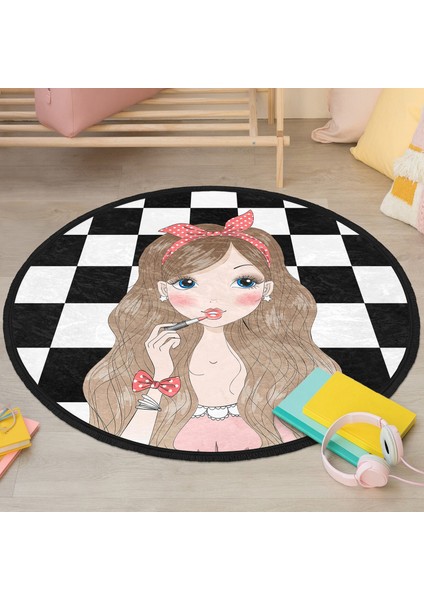 Dama Zeminli Fashion Girl Tasarımlı Çocuk & Genç Odası Makinede Yıkanabilir Kaymaz Tabanlı Püsküllü Yuvarlak Çocuk Halısı