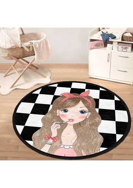 Dama Zeminli Fashion Girl Tasarımlı Çocuk & Genç Odası Makinede Yıkanabilir Kaymaz Tabanlı Püsküllü Yuvarlak Çocuk Halısı