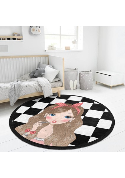 Dama Zeminli Fashion Girl Tasarımlı Çocuk & Genç Odası Makinede Yıkanabilir Kaymaz Tabanlı Püsküllü Yuvarlak Çocuk Halısı