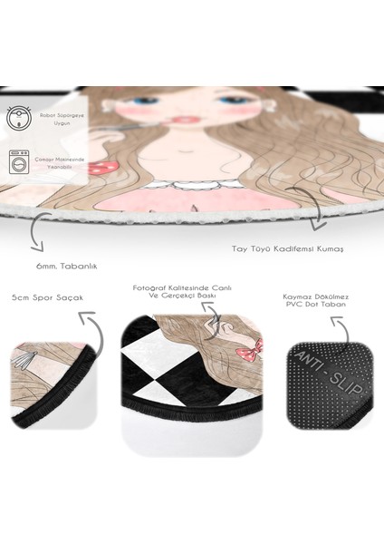 Dama Zeminli Fashion Girl Tasarımlı Çocuk & Genç Odası Makinede Yıkanabilir Kaymaz Tabanlı Püsküllü Yuvarlak Çocuk Halısı