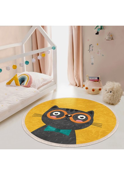 Renkli Kedi Çocuk & Genç Odası Makinede Yıkanabilir Kaymaz Tabanlı Püsküllü Yuvarlak Çocuk Halısı