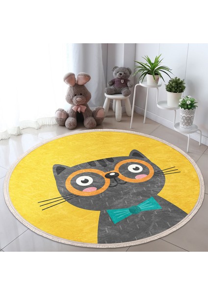 Renkli Kedi Çocuk & Genç Odası Makinede Yıkanabilir Kaymaz Tabanlı Püsküllü Yuvarlak Çocuk Halısı