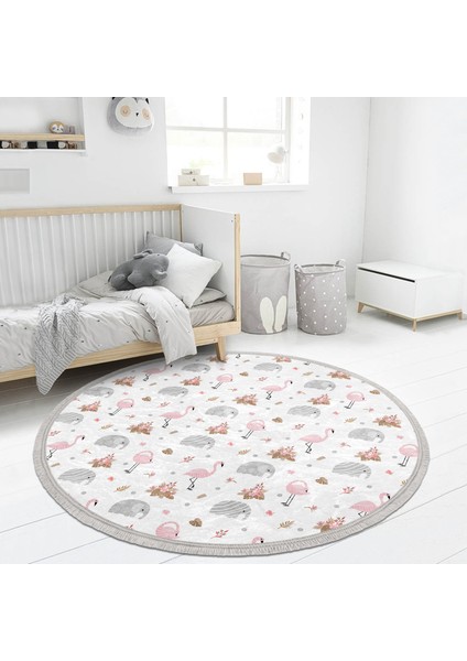 Flamingo ve Fil Motifli Çocuk & Genç Odası Makinede Yıkanabilir Kaymaz Tabanlı Püsküllü Yuvarlak Çocuk Halısı