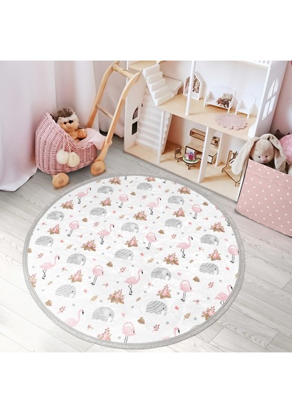 Flamingo ve Fil Motifli Çocuk & Genç Odası Makinede Yıkanabilir Kaymaz Tabanlı Püsküllü Yuvarlak Çocuk Halısı