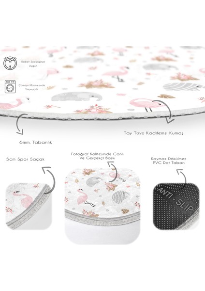 Flamingo ve Fil Motifli Çocuk & Genç Odası Makinede Yıkanabilir Kaymaz Tabanlı Püsküllü Yuvarlak Çocuk Halısı