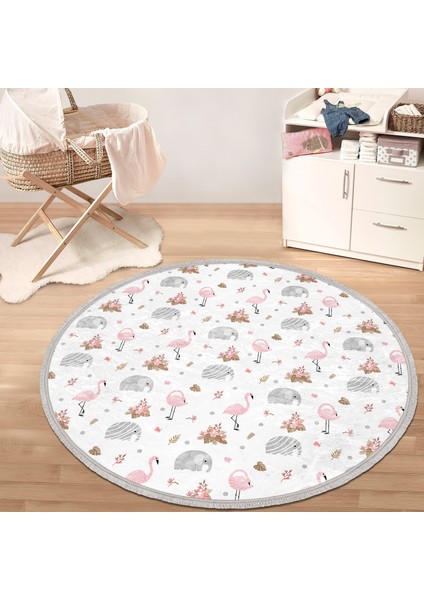 Flamingo ve Fil Motifli Çocuk & Genç Odası Makinede Yıkanabilir Kaymaz Tabanlı Püsküllü Yuvarlak Çocuk Halısı
